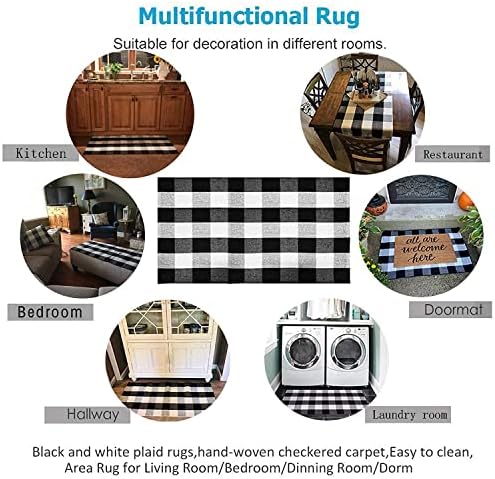 SEEKSEE Fall Decor Buffalo Plaid Outdoor Rug 27.5x43 Black and White Front Door Mat, Layering Rug for Porch, Washable Doormat, Cotton Area Rug for Outdoor Entrance Entryway Patio Porch Decor - Image 6