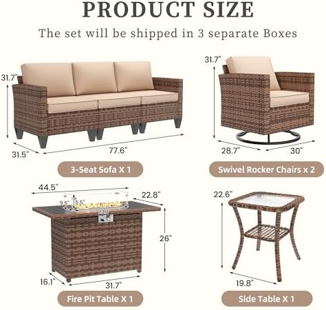 UDPATIO Patio Furniture Set with Fire Pit Table and Swivel Rocking Chairs, 5 Pieces Outdoor Wicker Furniture Set with Waterproof Cover, 4'' Thickened Cushion, Khaki - Image 3