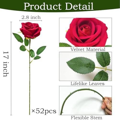 50Pcs Red Roses Artificial Flowers with Stems for Home Decor - Image 3