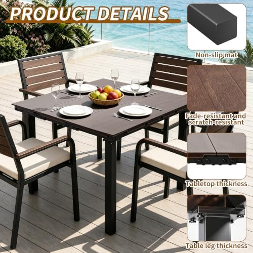 35.4" Square HDPE Wood Grain Patio Dining Table, Heavy Duty Galvanized Metal Frame, 300 LBS Weather Resistant Rustproof Outdoor Table for Backyard Garden Deck Porch, Mixed Brown Woodgrain - Image 5