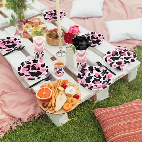 Kochorie 144 Pieces Pink Cow Print Party Tableware Sets Including Disposable Plates Napkins Cups Forks Serves 24 for Cow Theme Farm Animal Party Supplies - Image 5
