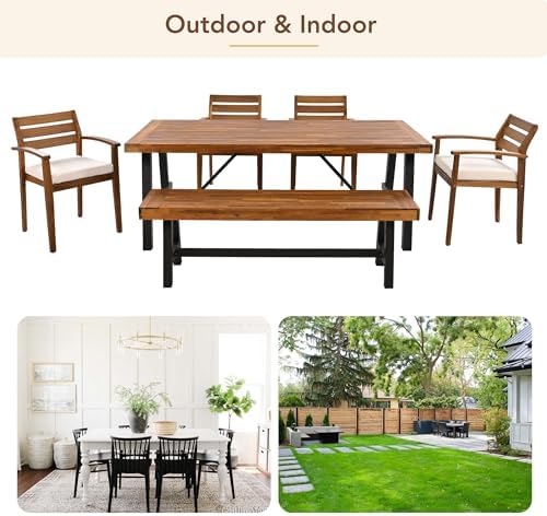 Harper & Bright Designs GO Outdoor Wood Dining Set for 6-7 Person, Outdoor Dining Furniture with Removable Cushions, Ergonomic Chairs and Bench, Thicker Table, Nature - Image 6