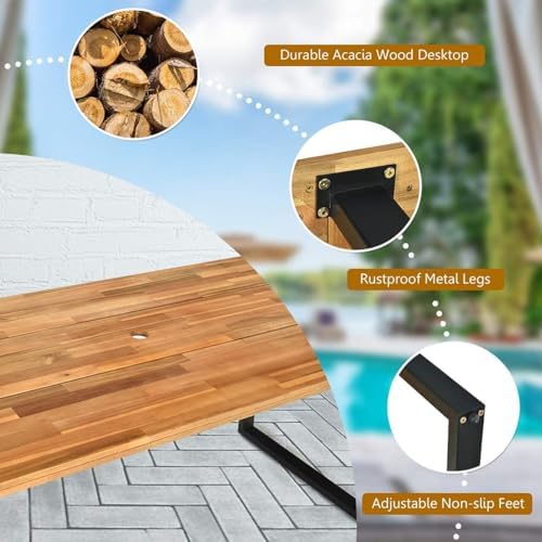 HAPPYGRILL 7 Pieces Wood Rattan Patio Dining Set, Outdoor Dining Furniture Set with Rectangle Table Wicker Chairs, Acacia Wood Tabletop with Umbrella Hole, Dining Set for Garden Backyard - Image 5