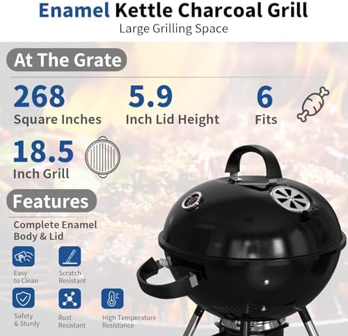 18.5-Inch Portable Charcoal Grill, Heavy Duty Kettle BBQ Smoker with Built-in Thermometer & Removable Water-Rinsable Ash Catcher for Outdoor Camping, Patio, Backyard, and Tailgating - Image 4