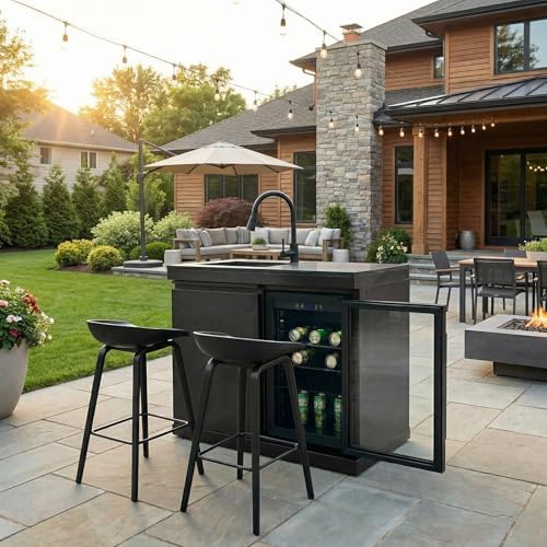 Sink and Fridge Combo for Outdoor Kitchen, 70L Refrigerator and Sink with Pull-Down Faucet, Brushed SS and Black Granite Countertops, All-in-One BBQ Island Cleaning Station (Black) by HomeMindful