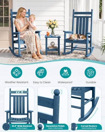 SERWALL Comfortable Outdoor Rocking Chairs Set of 3, Blue - Image 4