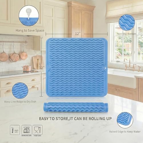 MicoYang Silicone Dish Drying Mat for Multiple Usage,Easy clean,Eco-friendly,Heat-resistant Silicone Mat for Kitchen Counter or Sink,Refrigerator or Drawer liner Light Blue M 12 inches x 12 inches - Image 2