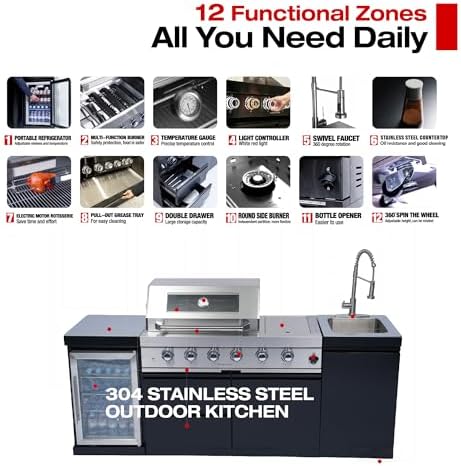85-Inch 4-Burner Propane Gas Outdoor Kitchen Grill Island - 72000 BTU Stainless Steel BBQ, Refrigerator, Rotisserie, Stainless Countertops, Soft-Close Storage, For Patio, Lawn, Backyard, Black - Image 3