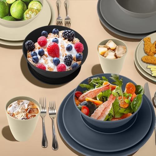 Wrova 40Pack plates and bowls sets for dinner - Unbreakable wheat straw dinnerware sets service for 8 - Alternative plastic 40pcs dish sets for camping,picnic and R.V. - (Black & Grey) - Image 5