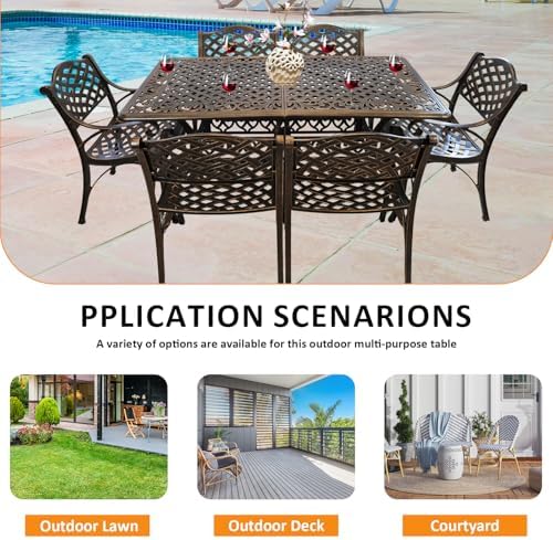 58.66" Bronze Aluminum Hollow Pattern Outdoor Dining Table, Fits 8, With Umbrella Hole - Image 7