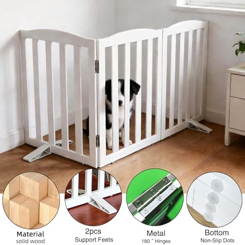 Freestanding Dog Gate Indoor,Doggie Gate Foldable Dog Gates for Doorways,Stairs or Hallways, Wooden White Pet Gate for The House, Pet Fence with Support Feet Included,32 "Height-3 Panels - Image 5