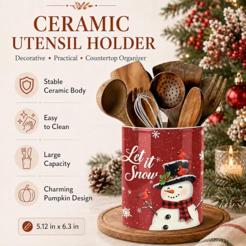Christmas Snowman Kitchen Utensil Holder, Let It Snow Large Ceramic Utensil Holder For Countertop Organizer, 6.3'' Winter Cooking Utensil Crocks Festivel Decor Utensil Storage Cup for Kitchen - Image 5