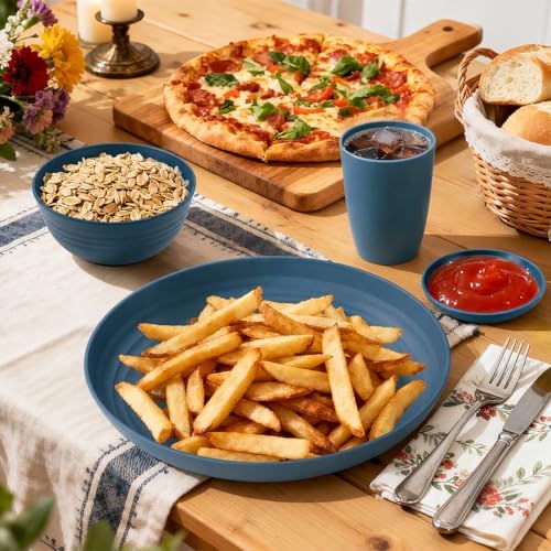 16 PCS Wheat Straw Plates and Bowls Sets,Kids Dishes Dinnerware Sets for 4,Unbreakable Kitchen Plates and Bowls Set for Travel Dishwasher & Microwave Safe Lightweight Dishes Set - DeepBlue - Image 7