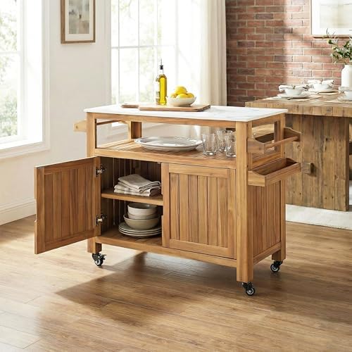Christopher Knight Home Shina Outdoor Bar Cart with Marble-Effect Top and Lockable Wheels, Acacia Wood Outdoor Storage Cabinet with Three-Tier Slatted Shelves, Kitchen Island Serving Cart, Natural - Image 6