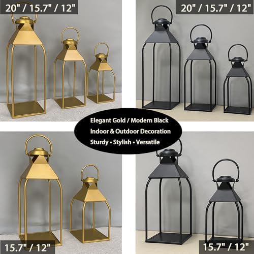 Decorative Metal Lanterns Indoor Outdoor, Candle Holder for Porch, Patio, Fireplace, Floor, Wedding, Christmas, Fall, Holiday, Farmhouse Table Centerpiece (Antique Gold, Set of 3 20" 15.7" 12") - Image 5