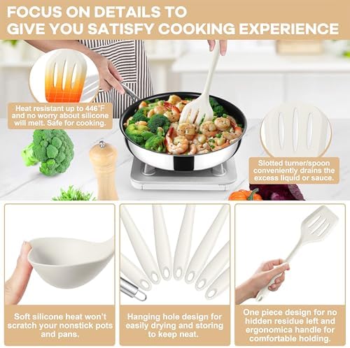 TeamFar Silicone Cooking Utensils Set, 8 PCS Kitchen Utensils Set, White - Image 3