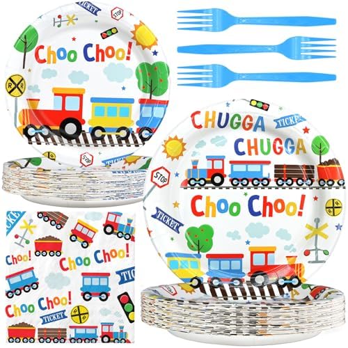 Train Party Decorations - Train Party Plates and Napkins for Kids Birthday Party, Serves 20 Guests by BonBeeDesign