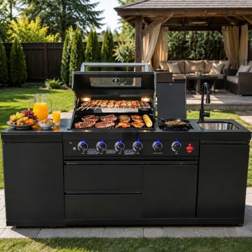 85" Modular Outdoor Kitchen Island,4-Burner 72,000 BTU Stainless Steel Propane Grill with Side Burner,Infrared Burner,Sink,Storage Cabinets,and Granite Countertop.Gas Grill for Backyard & Patio BBQ. - Image 3
