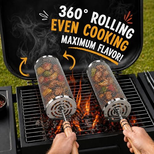 Rolling Grill Basket Set of 2, XL 304 Stainless Steel Grill Baskets for Outdoor Grill, Large BBQ Basket with Removable Wooden Handle for Vegetables, Fish, Wings, Shrimp and Camping - Image 4