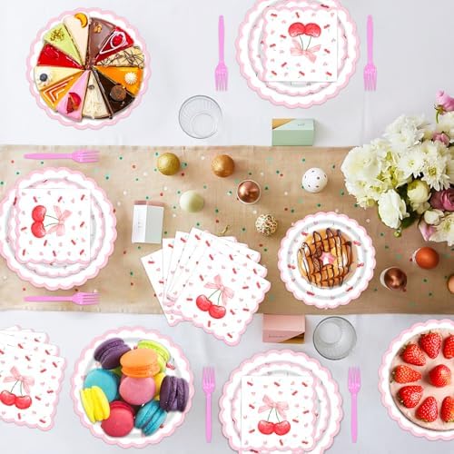 96Pcs Pink Bow Cherry Paper Plates Napkins Set for 24 Guests - Image 4