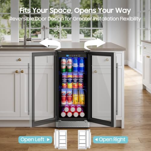 15 Inch Beverage Refrigerator, 100 Can Under Counter Beverage Fridge with Glass Door Built-in or Freestanding, Drink Fridge for Soda Beer Wine-Kitchen Bar Office - Image 6
