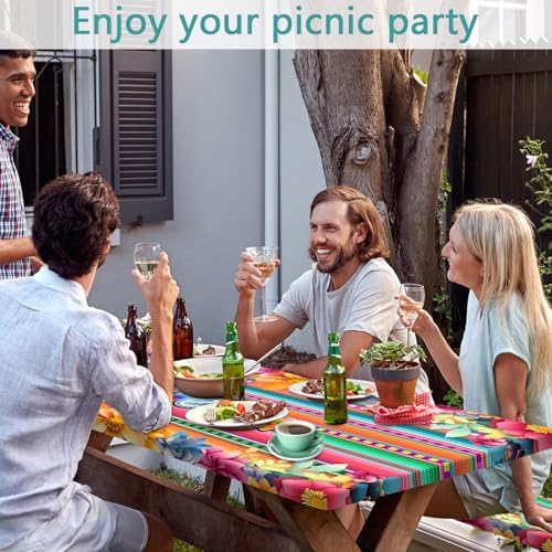 Mexican Fiesta Picnic Table Cover with Bench Covers, Cinco de Mayo Fiesta Waterproof Windproof, Camping Essentials, Fitted Tablecloth Cover with Elastic Edge, for Garden & Outdoor, 3 PCS, 30x96 Inch - Image 2
