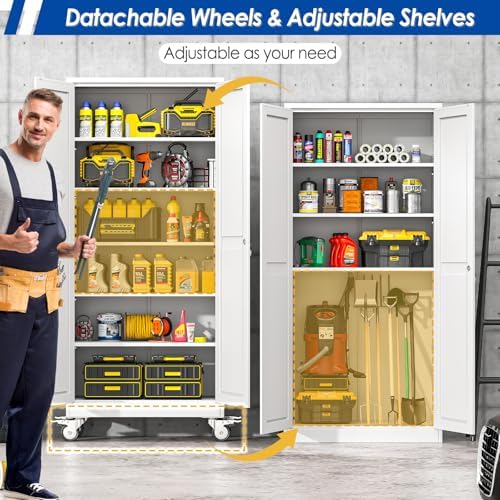 GAIOUS Metal Garage Storage Cabinet with Lock, Steel Tool Cabinet with 2 Doors and 5 Adjustable Shelves, 75” Tall Lockable File Cabinet with Wheels, Organization for Home Office Garage Gym - White - Image 3
