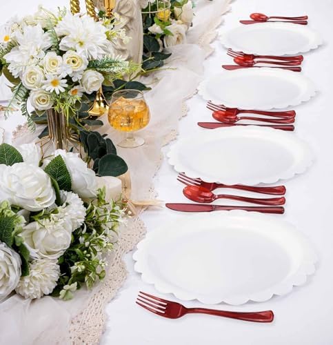 HEIPINIUYE 75 Pack Red Clear Plastic Cutlery Heavy Duty Clear Red Plastic Knives Forks and Spoons Disposable Silverware Set for 25 Guest Birthday Baby Shower Christmas Party Utensil Set - Image 6