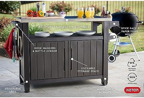 Keter Outdoor Rolling Table Cart for Food Prep, Storage, Dark Brown - Image 4