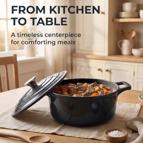 La Cuisine Enameled Cast Iron Dutch Oven Casserole Pot with Lid, Internal Matte Black Enamel Coating 5 QT 10.5" / 26cm Ø For GalssTop Stove, Oven-Safe 550°F/276°C Glossy Black - Image 6