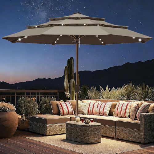 EliteShade USA 10-Year-Non-Fading 10ft 3-Tier Market Patio Umbrella, Commercial Table Umbrella with 80 Solar LED Lights, Crank Open, Windproof & UPF 50+ UV Protection for Garden, Deck, Pool, Backyard, No Tilt, Taupe - Image 3
