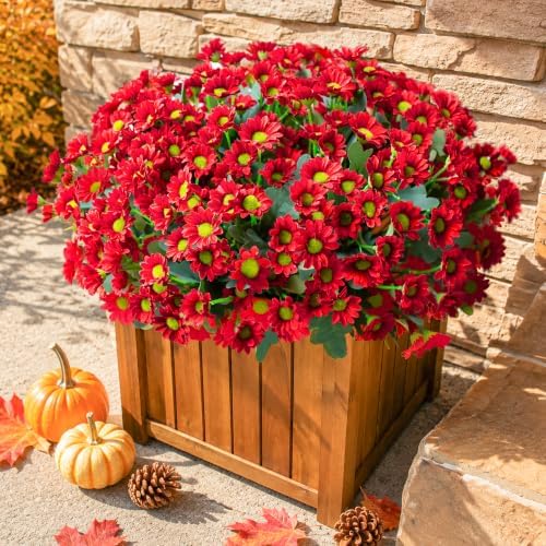 Daisy Artificial Flowers for Outdoors Autumn Fall Decoration, 6 Bundles Fake Mums Red Silk Flowers for Outside Look Real UV Resistant Fake Plants Faux Flowers for Planter Front Door Home Indoor Porch - Image 2