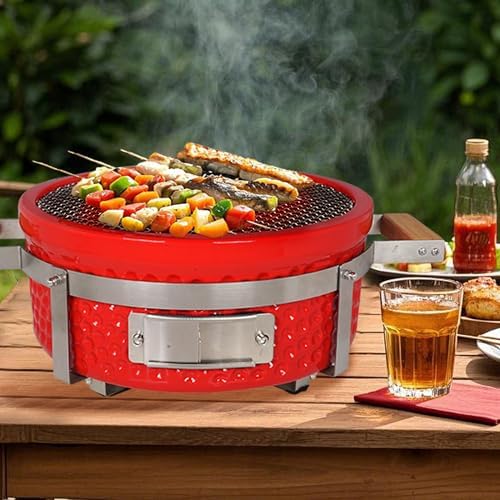 Yakitori Grill, Ceramic Charcoal Tabletop BBQ Grill, 14", Red - Image 5