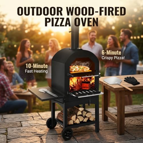 Outdoor Pizza Oven, Wood Fired Portable 550°F Pizza Maker with Stone, Peel, Grill Rack for Patio Backyard Camping,Black - Image 4