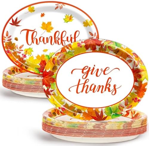 Qyeahkj 50PCS Thanksgiving Oval Paper Plates Large 11”Heavy Duty Disposable Plates Fall Party Decorations Give Thanks Serving Platter Supplies Favor Autumn Maple Leaf Party Tableware Set by Qyeahkj