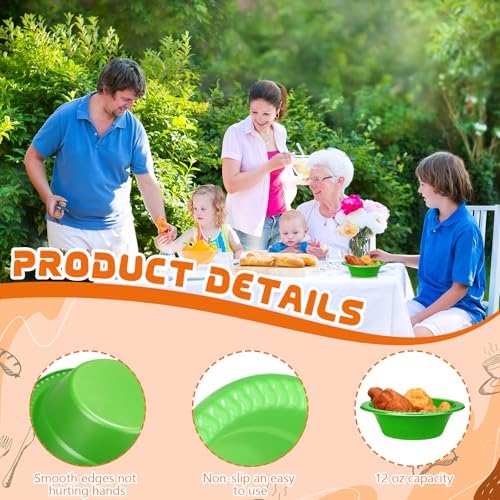 24 Pack 12 oz Disposable Plastic Bowls Dessert, Ice Cream, Salad, Soup Serving Cups for Party, Picnic, Food Snacks (Green) - Image 3