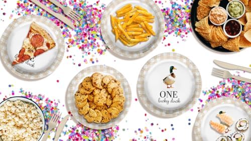 One Lucky Duck First Birthday - 32 Piece Disposable Party Supplies - Decorations for Beige Gingham 1st Birthday Round Party Plates - Large 9" Paper Plates In Bulk - Image 2