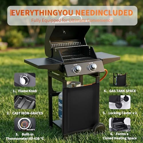Garvee 2 Burner Propane Gas Grill – 16,000 BTU Stainless Steel Portable BBQ Grill with Top Cover Lid, Wheels, Side Storage Shelves & Hooks for Patio, Garden, Camping - Image 7