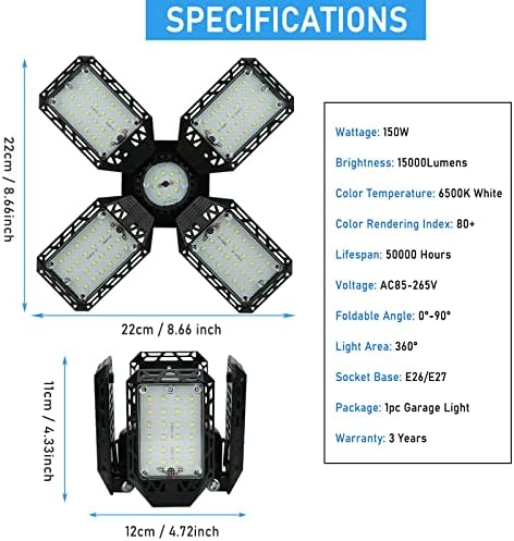 2-Pack LED Garage Light,150W Deformable Garage Ceiling Lights,15000LM, 4 Adjustable Panels, E26/E27 Shop Lights for Basement, Barn, Workshop,High Bay Light - Image 4