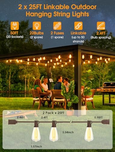 Larkvue 50FT(2x25FT) Outdoor String Lights, Patio Lights with 20+2 LED Dimmable Waterproof ST38 Vintage Shatterproof Bulb for Bistro Cafe Fence, Brown - Image 2