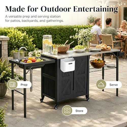 Outdoor Grill Cart with Storage Cabinet, 3-in-1 Movable Kitchen Island Cart, Outdoor Grill Cooking Station with Stainless Steel Countertop&Rolling Wheels&Folding Side Tables for Backyard Patio - Image 4