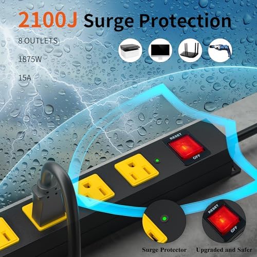 8 Outlet Power Strip 2100J Surge Protector, 8FT Heavy Duty Extension Cord Wide Spaced Outlet and Wall Mount Metal Powerstrip for Home Office Garage Workshop - Image 2