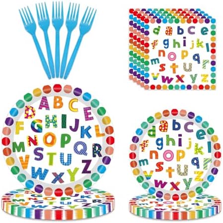 96 PCS Colorful ABC Letters Paper Plates Napkins Set，Serves 24 by Lianxuia