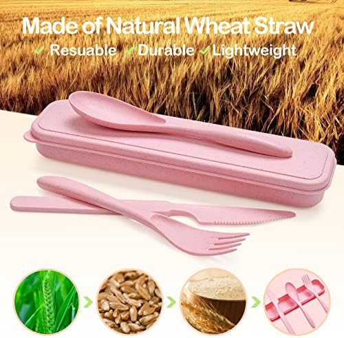 YDYTOP Reusable Travel Utensils Set with Case, 6 Sets Wheat Straw Portable Knife Fork Spoons Cutlery, Eco-Friendly BPA Free Plastic Tableware for Kids Adults School Lunch Party Picnic and Camping - Image 2