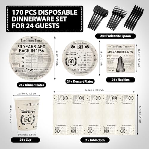 170Pcs Vintage 60th Birthday Party Tableware Set for Women Men - Image 2