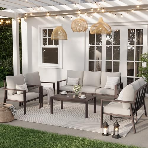5-Piece Aluminum Patio Conversation Sets All-Weather Outdoor Furniture Sectional Sofa Modular Patio Set with 4'' Cushion Removable Covers for Porch Poolside Deck Balcony Yard - Image 6