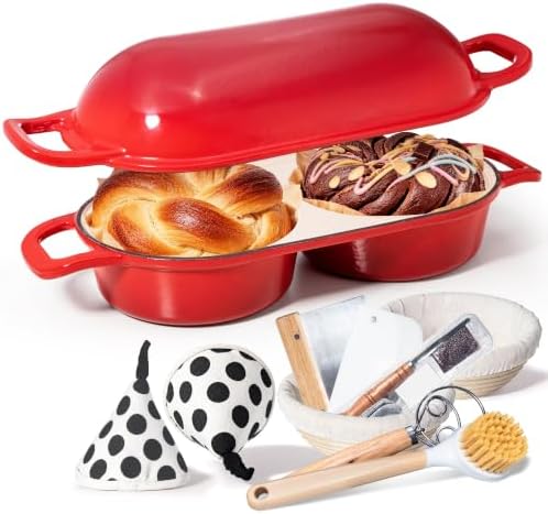 FMP Brands Double Dutch Oven for Sourdough Bread Baking, 2QT Enameled Cast Iron Double Loaf Pan with Lid, Oven Safe up to 500°F, 2 Banneton Baskets, Bread Lame, Dough Whisk & Accessories by FMPBrands