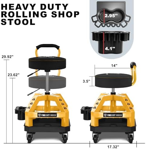 Rolling Shop Stool with Wheels, Heavy Duty Garage Work Mechanic Stool with Backrest, Adjustable Height 360°Swivel Rolling Chair with Tool Tray Storage, 330 LBS Capacity, Yellow - Image 2
