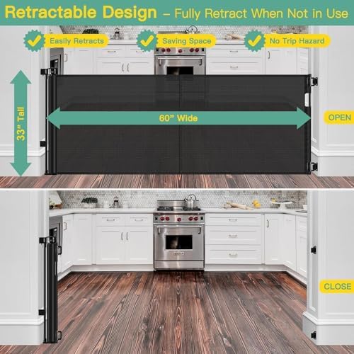 Reinforced 60" Wide Retractable Baby Gates for Dogs, Prevent Crawling Under - Image 3