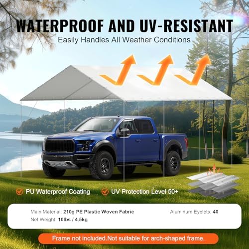VEVOR 10x20' Canopy Replacement Cover Heavy Duty, Carport Garage Top Tent Shelter Tarp Waterproof & UV Protected, Easy Installation with 40 Free Ball Bungeess(Only Cover, Frame Not Include) - Image 3